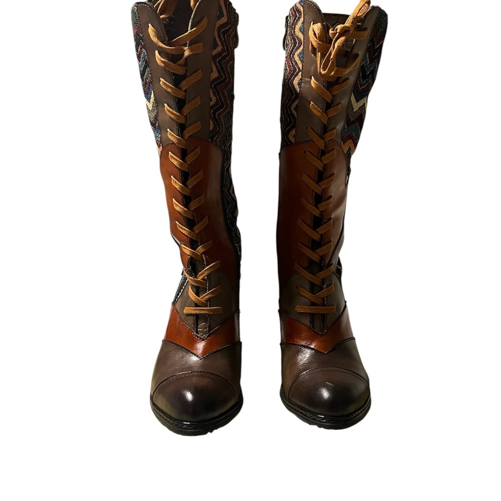 Brown and Tan Knee-High Lace-Up Boots